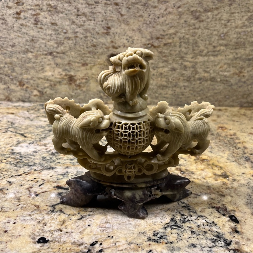 VINTAGE Incense Burner, Chinese, Carved SoapStone Foo Dogs